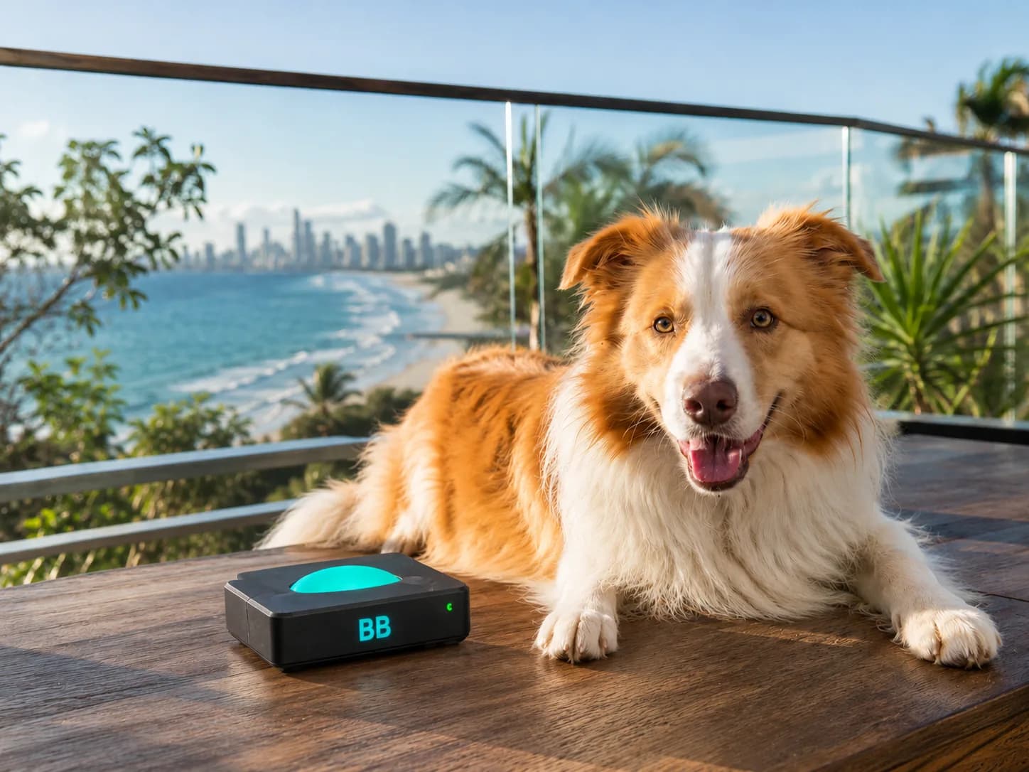 Billy the border collie with BB device — Infinity 1 AI Marketing Gold Coast