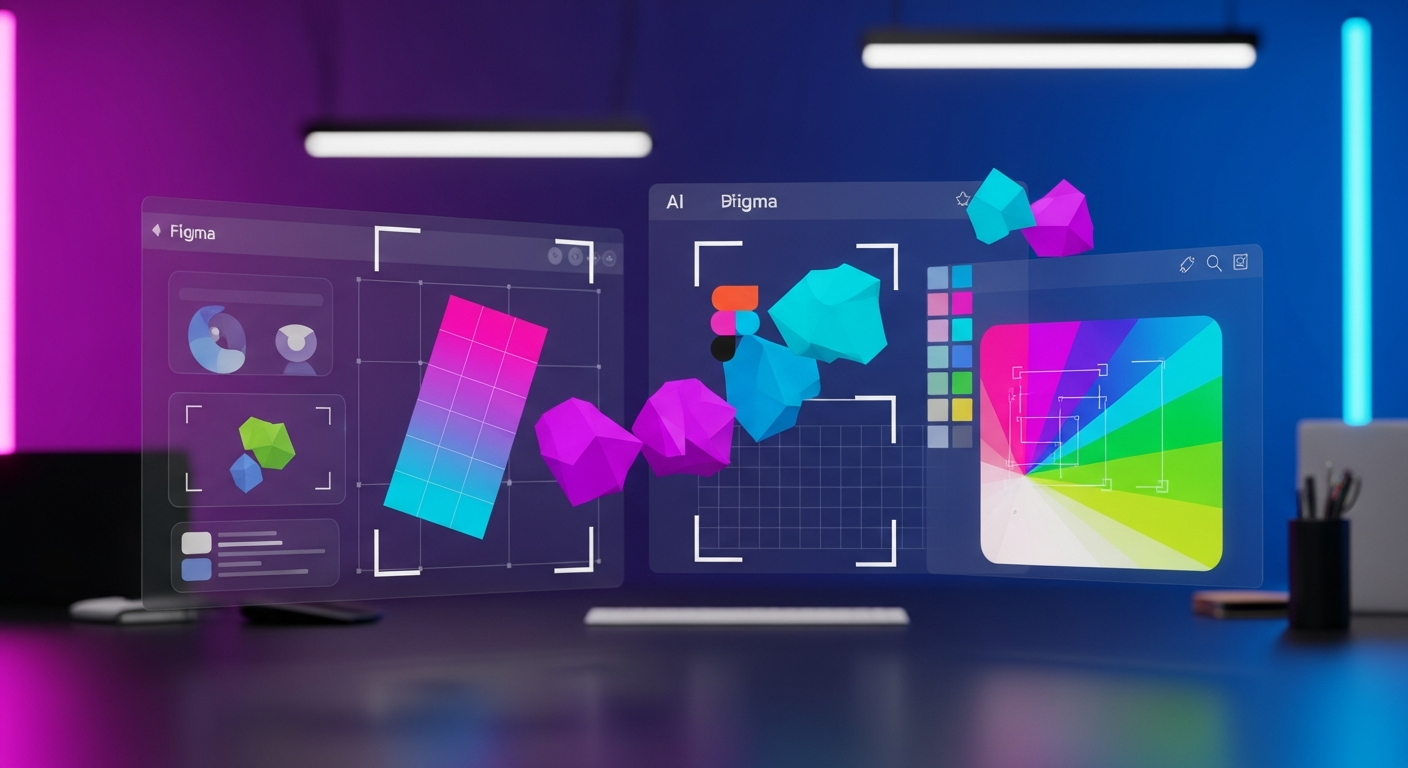 AI-powered graphic design workspace with Figma interfaces and floating design elements